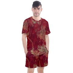 Marble Red Yellow Background Men s Mesh Tee And Shorts Set