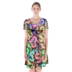 Money Currency Rainbow Short Sleeve V-neck Flare Dress