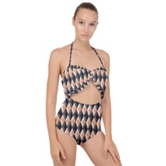 Metallic Diamond Design Black Scallop Top Cut Out Swimsuit