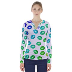 Kiss Mouth Lips Colors V-neck Long Sleeve Top by HermanTelo