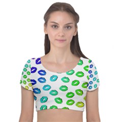 Kiss Mouth Lips Colors Velvet Short Sleeve Crop Top 