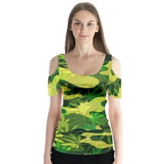 Marijuana Camouflage Cannabis Drug Butterfly Sleeve Cutout Tee 