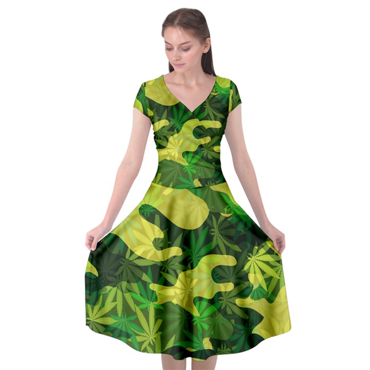 Marijuana Camouflage Cannabis Drug Cap Sleeve Wrap Front Dress