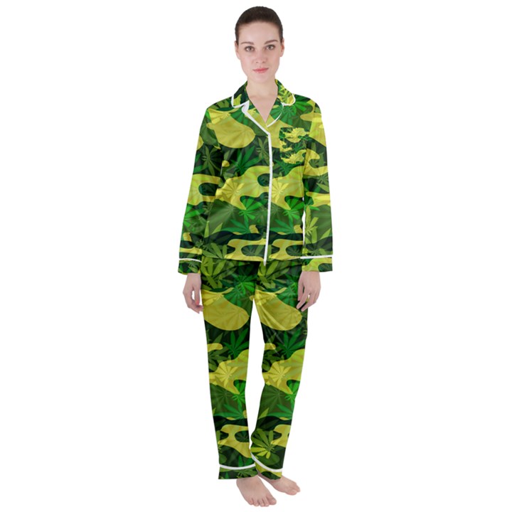 Marijuana Camouflage Cannabis Drug Satin Long Sleeve Pyjamas Set