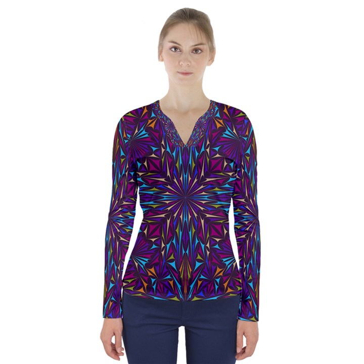 Kaleidoscope Triangle Curved V-Neck Long Sleeve Top