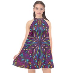 Kaleidoscope Triangle Curved Halter Neckline Chiffon Dress 