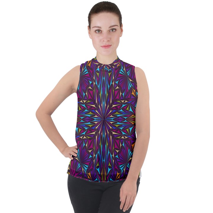 Kaleidoscope Triangle Curved Mock Neck Chiffon Sleeveless Top