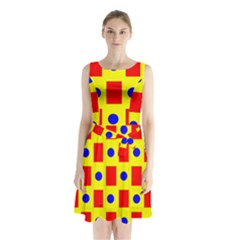 Pattern Circle Plaid Sleeveless Waist Tie Chiffon Dress