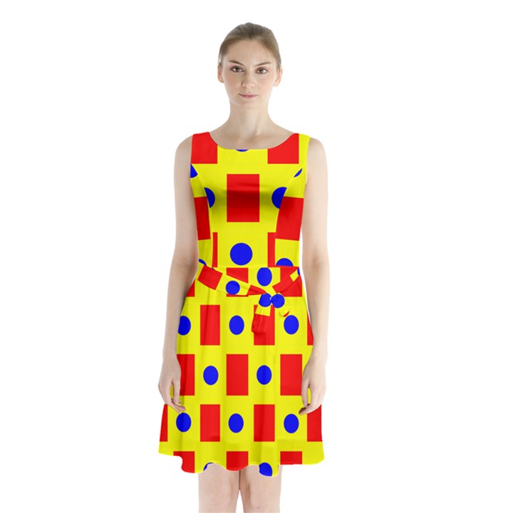 Pattern Circle Plaid Sleeveless Waist Tie Chiffon Dress