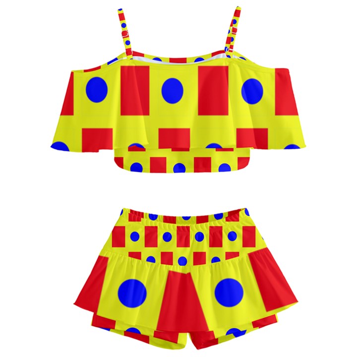 Pattern Circle Plaid Kids  Off Shoulder Skirt Bikini