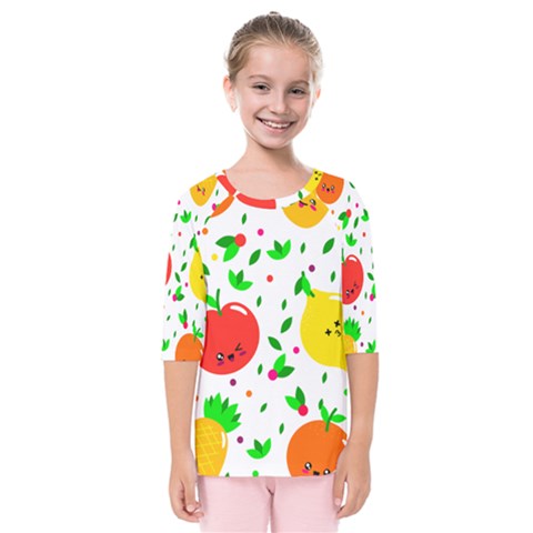 Pattern Fruits Orange Green Kids  Quarter Sleeve Raglan Tee by HermanTelo