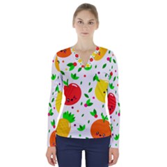 Pattern Fruits Orange Green V-neck Long Sleeve Top