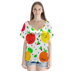 Pattern Fruits Orange Green V-neck Flutter Sleeve Top