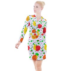 Pattern Fruits Orange Green Button Long Sleeve Dress