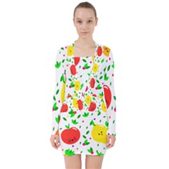 Pattern Fruits Orange Green V-neck Bodycon Long Sleeve Dress