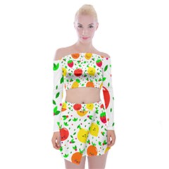 Pattern Fruits Orange Green Off Shoulder Top With Mini Skirt Set