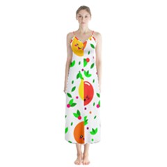 Pattern Fruits Orange Green Button Up Chiffon Maxi Dress