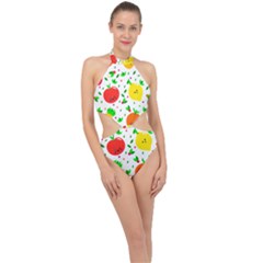 Pattern Fruits Orange Green Halter Side Cut Swimsuit