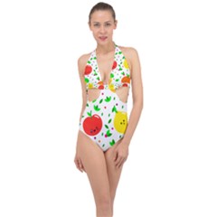 Pattern Fruits Orange Green Halter Front Plunge Swimsuit