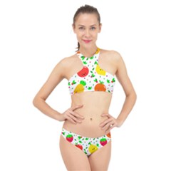 Pattern Fruits Orange Green High Neck Bikini Set