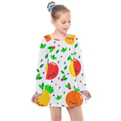 Pattern Fruits Orange Green Kids  Long Sleeve Dress