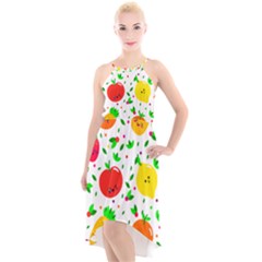 Pattern Fruits Orange Green High-low Halter Chiffon Dress 