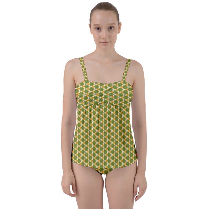 Pattern Halloween Pumpkin Color Green Twist Front Tankini Set