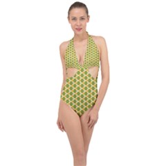 Pattern Halloween Pumpkin Color Green Halter Front Plunge Swimsuit