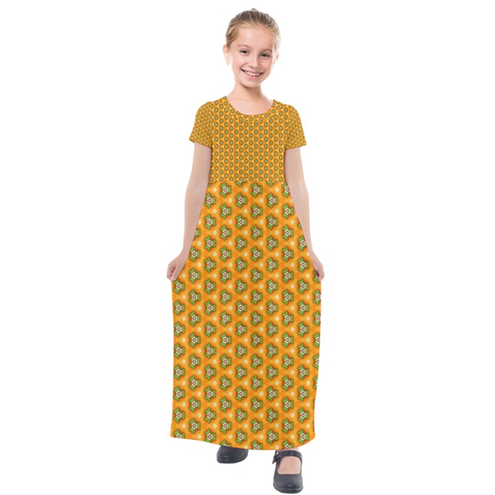 Pattern Halloween Pumpkin Color Leaf Kids  Short Sleeve Maxi Dress