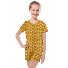 Pattern Halloween Pumpkin Color Leaf Kids  Mesh Tee And Shorts Set