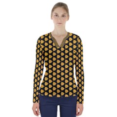 Pattern Halloween Pumpkin Color Yellow V-neck Long Sleeve Top by HermanTelo