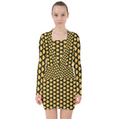 Pattern Halloween Pumpkin Color Yellow V-neck Bodycon Long Sleeve Dress by HermanTelo