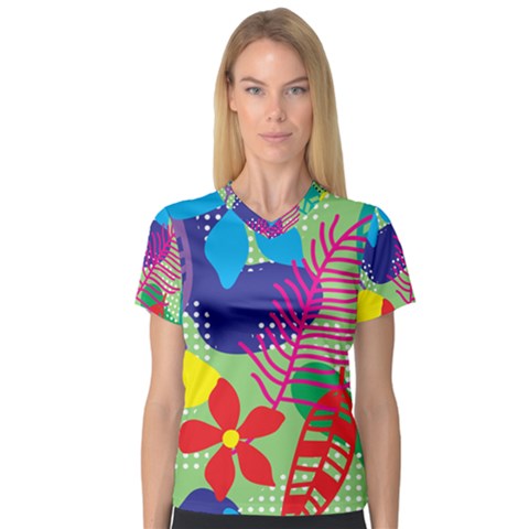 Pattern Leaf Polka Floral V-neck Sport Mesh Tee by HermanTelo