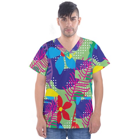 Pattern Leaf Polka Floral Men s V-neck Scrub Top by HermanTelo