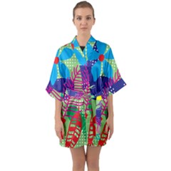 Pattern Leaf Polka Floral Quarter Sleeve Kimono Robe