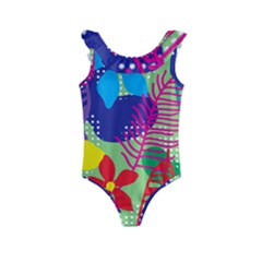 Pattern Leaf Polka Floral Kids  Frill Swimsuit