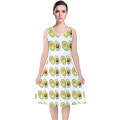 Pattern Avocado Green Fruit V-neck Midi Sleeveless Dress 