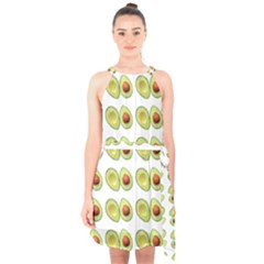 Pattern Avocado Green Fruit Halter Collar Waist Tie Chiffon Dress