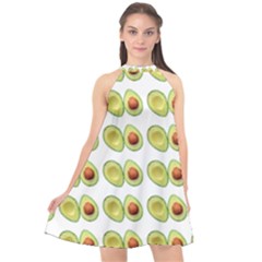 Pattern Avocado Green Fruit Halter Neckline Chiffon Dress 