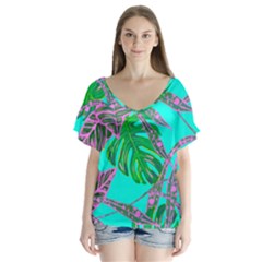 Painting Oil Leaves Nature Reason V-neck Flutter Sleeve Top by HermanTelo