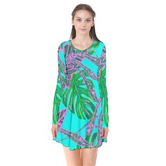 Painting Oil Leaves Nature Reason Long Sleeve V-neck Flare Dress