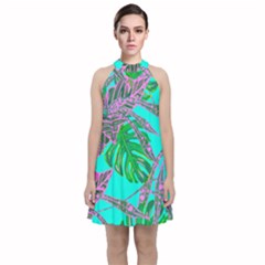 Painting Oil Leaves Nature Reason Velvet Halter Neckline Dress 