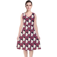 Beanie Boy Pattern Red V-neck Midi Sleeveless Dress 