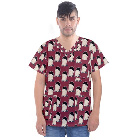 Beanie Boy Pattern Red Men s V-neck Scrub Top by snowwhitegirl