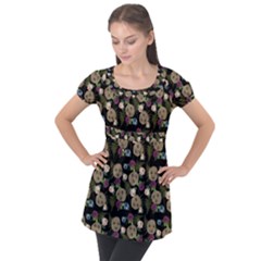 Cracked Doll Pattern Black Puff Sleeve Tunic Top by snowwhitegirl