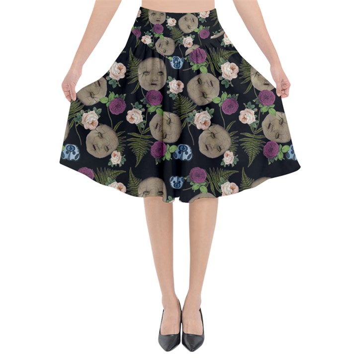 Cracked Doll Pattern Black Flared Midi Skirt