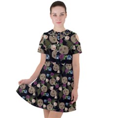 Cracked Doll Pattern Black Short Sleeve Shoulder Cut Out Dress 