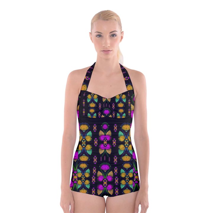 Roses As Lotus Flowers Decorative Boyleg Halter Swimsuit 