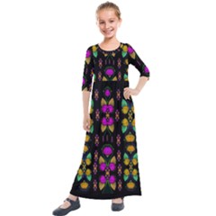 Roses As Lotus Flowers Decorative Kids  Quarter Sleeve Maxi Dress