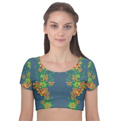 Many Garlands - Floral Design Velvet Short Sleeve Crop Top 